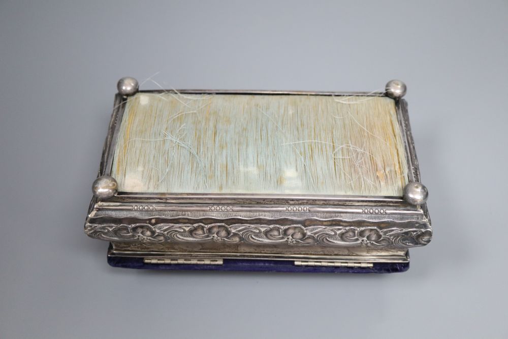An Edwardian silver mounted rectangular pin cushion casket, Horton & Allday, Birmingham, 1904, 17.5cm.